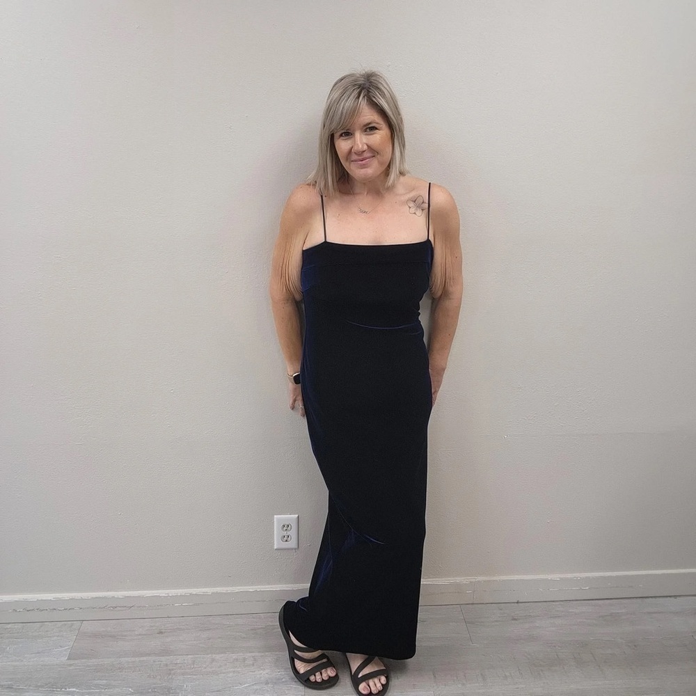 VINTAGE Steppin' Out Navy Blue Velvet Maxi Slip Dress - Size XL(Fits like 12/14)